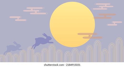 Mid Autumn festival illustration. Chinese Traditional autumn event background. Lotus flowers, Full moon and Rabbit decoration illustration for Mid autumn festa. Vector illustration.