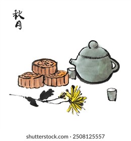 Mid Autumn Festival illustration. Mooncake, chrysanthemum and Chinese tea sets. Chinese translation: Moon Festival.