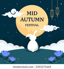 mid autumn festival illustration with rabbit looking to moon