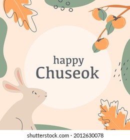 Mid autumn festival in Korea greeting card, invitation with jade rabbit, moon silhouette and persimmon tree brunch. Thanksgiving day. Korean traditional harvesting holiday. Happy Chuseok. Vector.