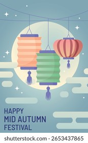 Mid Autumn Festival Lanterns with fool moon in a flat style. Vector illustration of traditional Chinese Lanterns, fool moon and stylized clouds. Perfect holiday greeting, cultural promotion and season