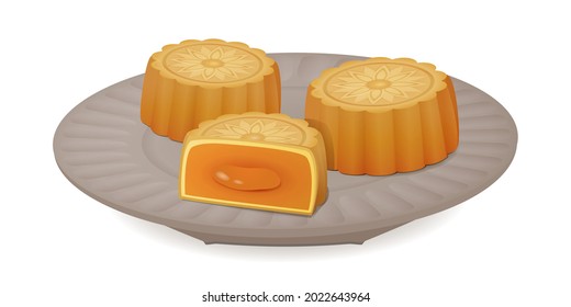 Mid Autumn Festival Lava Custard Moon Cake Cut in Half on a Plate (Hong Kong Style)