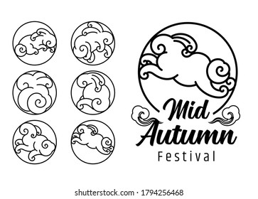 Mid autumn festival logo design template. Rabbit cloud shape line art symbol.
