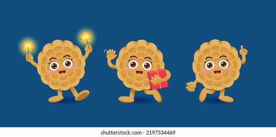 Mid Autumn Festival moon cake with 3 poses playing with fireworks send gift raise hand