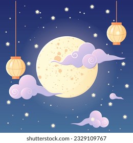 Mid autumn festival, moon, Chinese lantern, starry sky