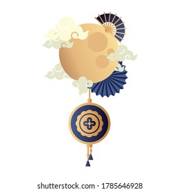 mid autumn festival moon and clouds with fans vector illustration design
