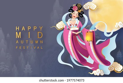 Mid Autumn festival moon goddess chang e with rabbit and moon, mooncake ,flower,chinese lanterns with gold paper cut style on color Background. ( Chinese Translation : Mid Autumn festival )