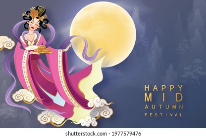 Mid Autumn festival moon goddess chang e with rabbit and moon, mooncake ,flower,chinese lanterns with gold paper cut style on color Background. ( Chinese Translation : Mid Autumn festival )