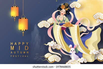 Mid Autumn festival moon goddess chang e with rabbit and moon, mooncake ,flower,chinese lanterns with gold paper cut style on color Background. ( Chinese Translation : Mid Autumn festival )