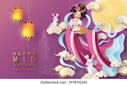 Mid Autumn festival moon goddess chang e with rabbit and moon, mooncake ,flower,chinese lanterns with gold paper cut style on color Background. ( Chinese Translation : Mid Autumn festival )