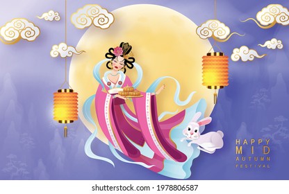 Mid Autumn festival moon goddess chang e with rabbit and moon, mooncake ,flower,chinese lanterns with gold paper cut style on color Background. ( Chinese Translation : Mid Autumn festival )