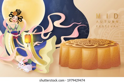 Mid Autumn festival moon goddess chang e with rabbit and moon, mooncake ,flower,chinese lanterns with gold paper cut style on color Background. ( Chinese Translation : Mid Autumn festival )