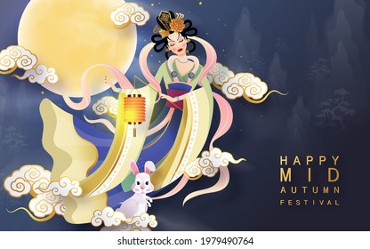 Mid Autumn festival moon goddess chang e with rabbit and moon, mooncake ,flower,chinese lanterns with gold paper cut style on color Background. ( Chinese Translation : Mid Autumn festival )