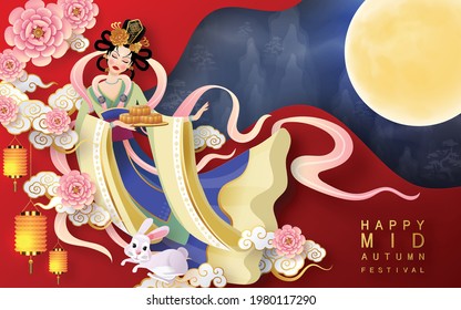Mid Autumn festival moon goddess chang e with rabbit and moon, mooncake ,flower,chinese lanterns with gold paper cut style on color Background. ( Chinese Translation : Mid Autumn festival )