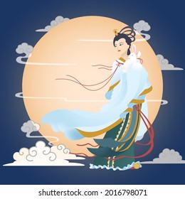 mid autumn festival moon goddess holding rabbit with big moon background