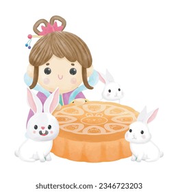 Mid autumn festival moon goddess, lady angel watercolor on white blackground vector illustration 