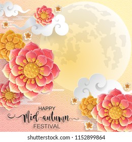 Mid Autumn festival or Moon festival with rabbit and moon, mooncake ,flower,chinese lanterns with gold paper cut style on color Background. ( Translation : Mid Autumn festival ) 