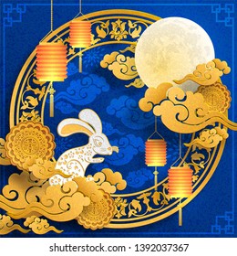 Mid Autumn festival or Moon festival with rabbit and moon, mooncake ,flower,chinese lanterns with gold paper cut style on color Background. ( Translation : Mid Autumn festival ) 