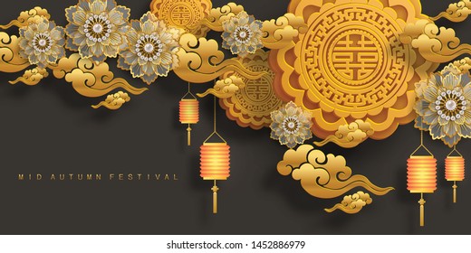 Mid Autumn festival or Moon festival with rabbit and moon, mooncake ,flower,chinese lanterns with gold paper cut style on color Background. 
