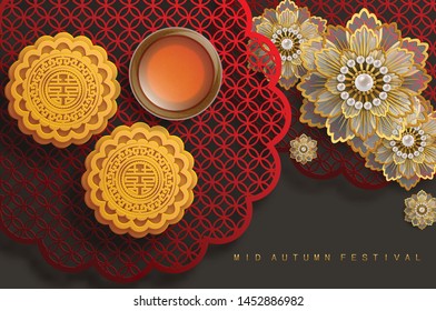 Mid Autumn festival or Moon festival with rabbit and moon, mooncake ,flower,chinese lanterns with gold paper cut style on color Background. 
