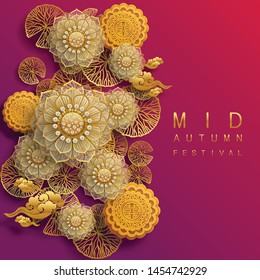 Mid Autumn festival or Moon festival with rabbit and moon, mooncake ,flower,chinese lanterns with gold paper cut style on color Background. ( Translation : Mid Autumn festival )