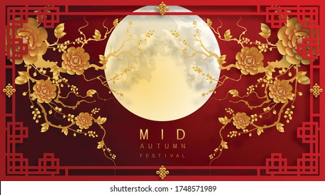 Mid Autumn festival or Moon festival with rabbit and moon, mooncake ,flower,chinese lanterns with gold paper cut style on color Background. ( Translation : Mid Autumn festival )