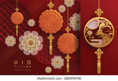 Mid Autumn festival or Moon festival with rabbit and moon, mooncake ,flower,chinese lanterns with gold paper cut style on color Background. ( Translation : Mid Autumn festival )
