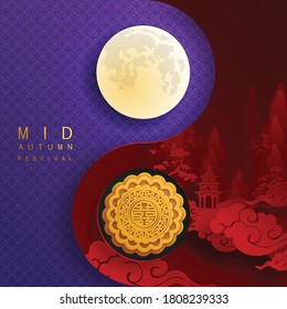 Mid Autumn festival or Moon festival with rabbit and moon, mooncake ,flower,chinese lanterns with gold paper cut style on color Background. ( Translation : Mid Autumn festival )