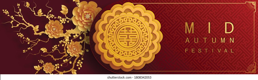 Mid Autumn festival or Moon festival with rabbit and moon, mooncake ,flower,chinese lanterns with gold paper cut style on color Background. ( Translation : Mid Autumn festival )