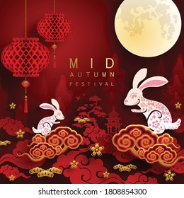 Mid Autumn festival or Moon festival with rabbit and moon, mooncake ,flower,chinese lanterns with gold paper cut style on color Background. ( Translation : Mid Autumn festival )