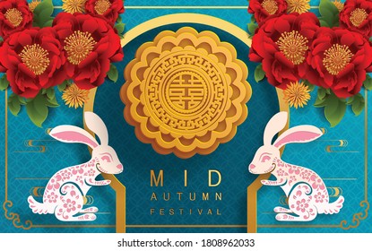 Mid Autumn festival or Moon festival with rabbit and moon, mooncake ,flower,chinese lanterns with gold paper cut style on color Background. ( Translation : Mid Autumn festival )