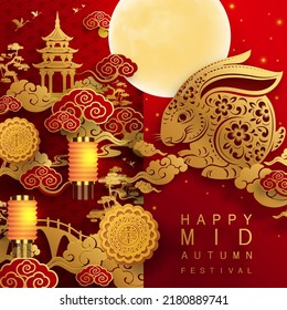 Mid Autumn festival or Moon festival with rabbit and moon, mooncake ,flower,chinese lanterns with gold paper cut style on color Background. ( Translation : Mid Autumn festival )
