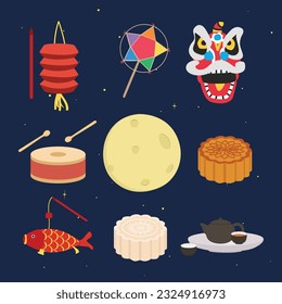 Mid Autumn Festival or Moon Festival vector set. Lantern, lion dance, drum, full moon, moon cake, tea set cartoon clipart, flat design