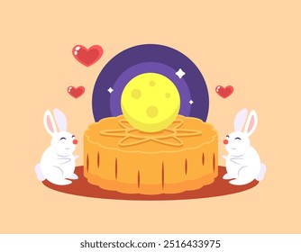 Mid Autumn Festival or Mooncake Festival celebration concept. illustration of a moon cake with a full moon and two rabbits. event and food. flat style design. element