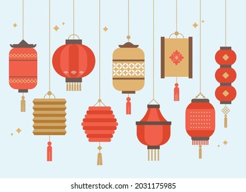 Mid Autumn Festival or mooncake festival or Chinese New Year. Vector or illustrations of oriental asian lanterns decorations.