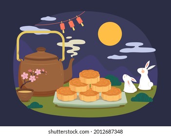 Mid autumn festival mooncakes. Flat illustrastion of Chinese mooncake festival sweet pastry and hot tea