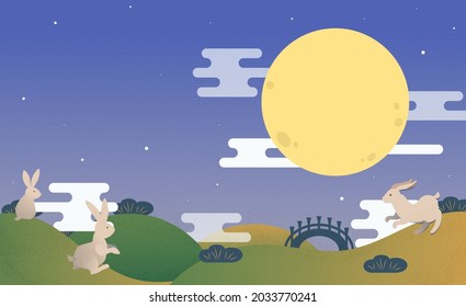 Mid Autumn Festival. Night of the full moon. Group of adorable rabbits sitting on top of mountain looking at the moon. Happy Mid Autumn Festival.