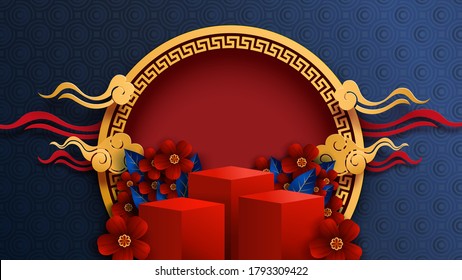 Mid Autumn Festival in paper art style.Chinese new year and red podium background vector illustration.