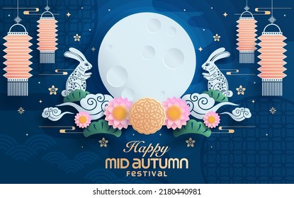 Mid autumn festival paper art style with full moon, moon cake, chinese lantern and rabbits on background.