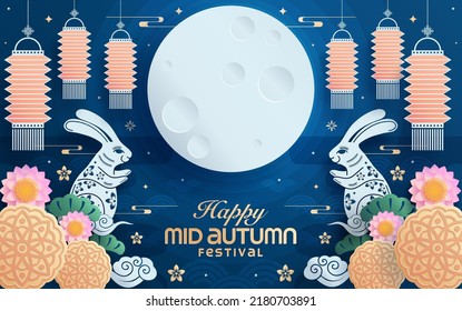 Mid autumn festival paper art style with full moon, moon cake, chinese lantern and rabbits on background.