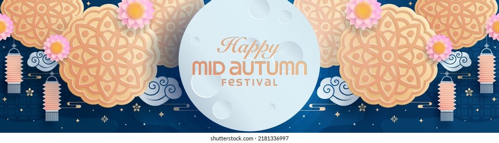 Mid autumn festival paper art style with full moon, moon cake, chinese lantern and rabbits on background.