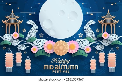 Mid autumn festival paper art style with full moon, moon cake, chinese lantern and rabbits on background.