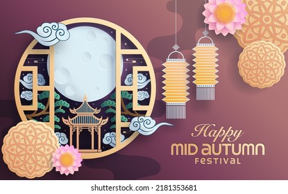 Mid autumn festival paper art style with full moon, moon cake, chinese lantern and rabbits on background.