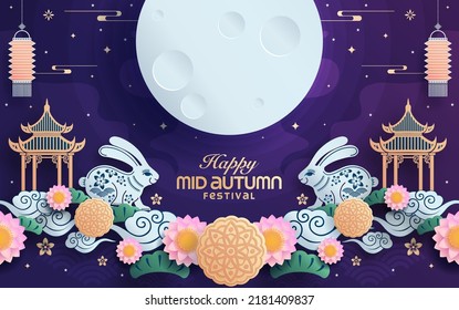 Mid autumn festival paper art style with full moon, moon cake, chinese lantern and rabbits on background.