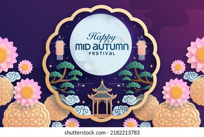 Mid autumn festival paper art style with full moon, moon cake, chinese lantern and rabbits on background.