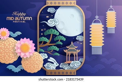 Mid autumn festival paper art style with full moon, moon cake, chinese lantern and rabbits on background.
