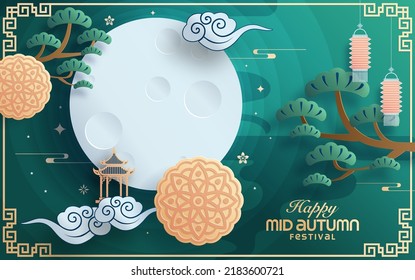 Mid autumn festival paper art style with full moon, moon cake, chinese lantern and rabbits on background.