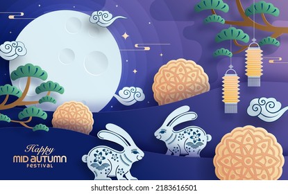 Mid autumn festival paper art style with full moon, moon cake, chinese lantern and rabbits on background.