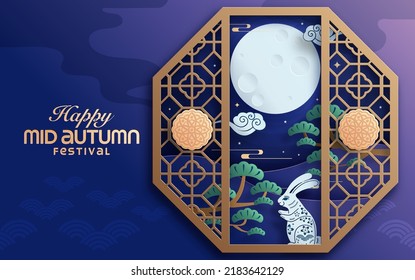 Mid autumn festival paper art style with full moon, moon cake, chinese lantern and rabbits on background.