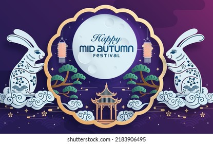 Mid autumn festival paper art style with full moon, moon cake, chinese lantern and rabbits on background.